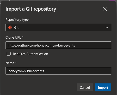 Import a Git repository dialog showing honeycombio buildevents on github as the Clone URL and honeycomb-buildevents as the Name.