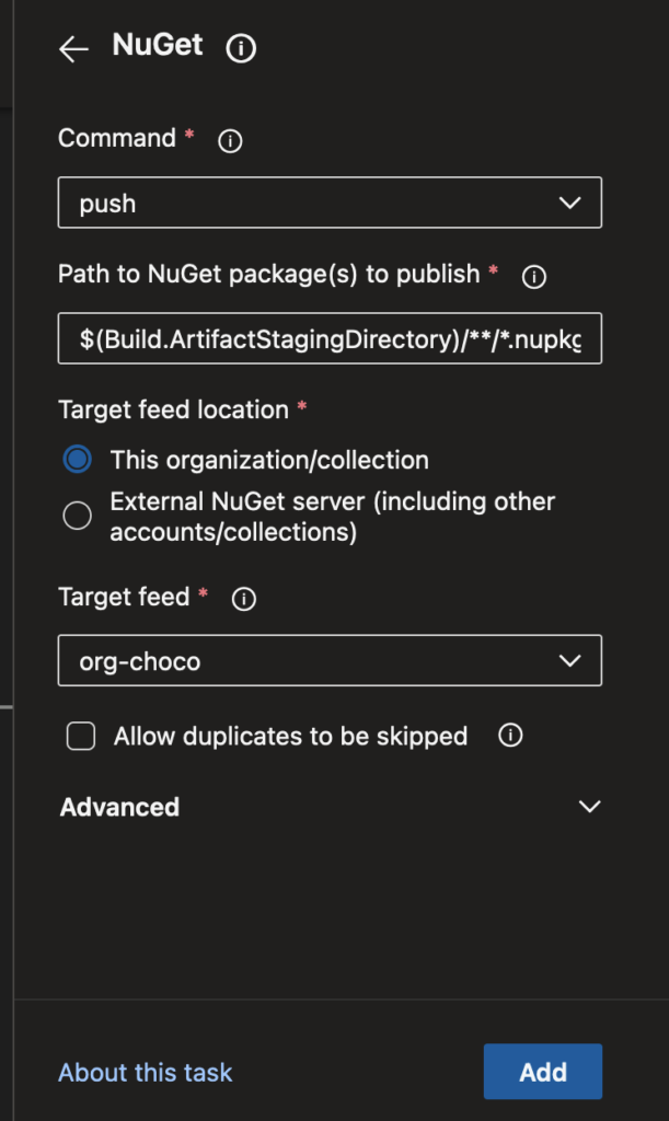 Azure DevOps NuGet feed selector screenshot showing This organization chosen for Target feed location and the feed name created earlier chosen for Target feed.